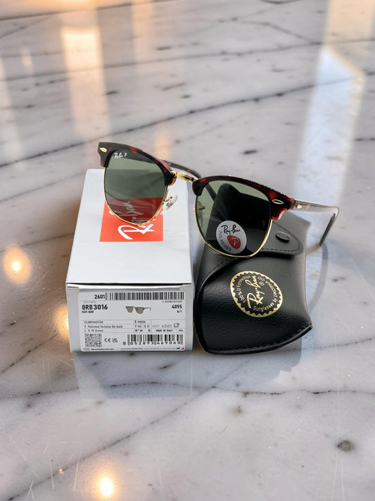 Ray-Ban Clubmaster RB 3016 990/58 Rosso Avana e Oro con Lenti Verdi Polarizzate – Taglia 51