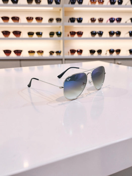 Ray-Ban Aviator Large Metal II RB 3026 003/3F Argento con Lenti Blu Sfumate – Taglia 62